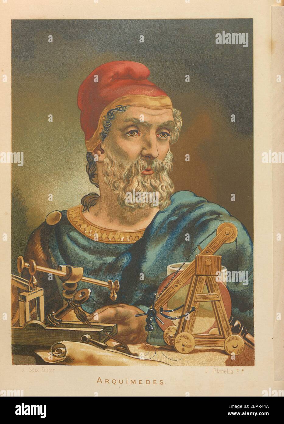 Archimedes de Syracuse [Arquimedes] (c. 287 – c. 212 BC) était un mathématicien grec, physicien, ingénieur, inventeur et astronome. De la ciencia y sus hombres : vidas de los sabios ilustres desde la antigüedad hasta el siglo XIX T. 1 [Science et IT is People Vol 1] de Luis Figuier ; traducción de la tercera edición francesa por Pelegrin Casabó y Pagés ; Ilustrada por Armet, Gomez, Martí y Alsina, Planella, Puiggarí, Serra, imprimé à Barcelone en 1879 Banque D'Images