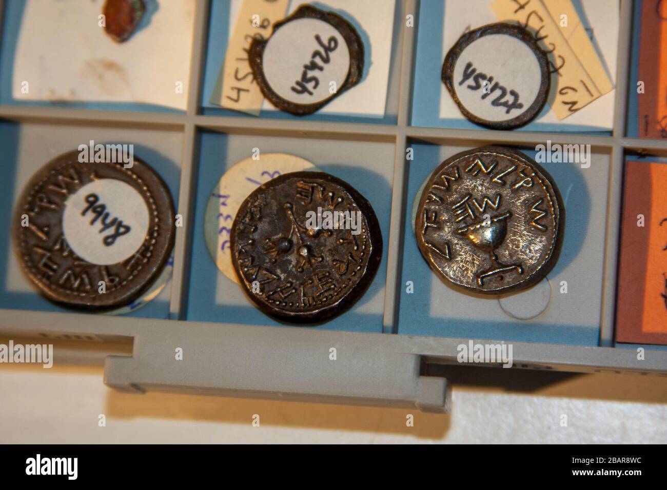 Anciennes pièces d'argent juives de la deuxième période du Temple photographiées à l'Autorité des Antiquités d'Israël Banque D'Images