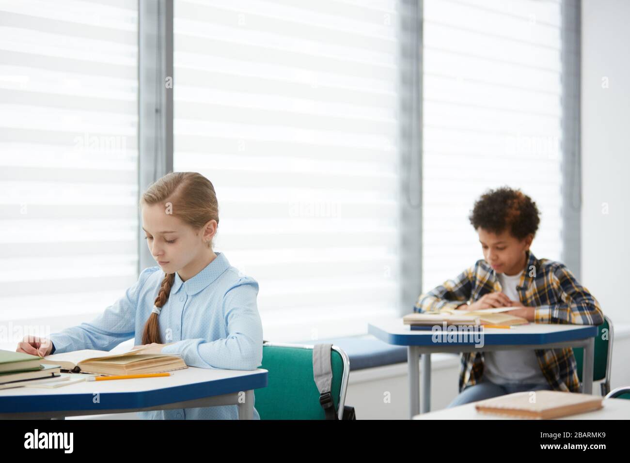 Portrait de deux enfants assis en rangée à des bureaux en classe scolaire, foyer sur le joli livre de lecture de fille en premier plan, espace de copie Banque D'Images