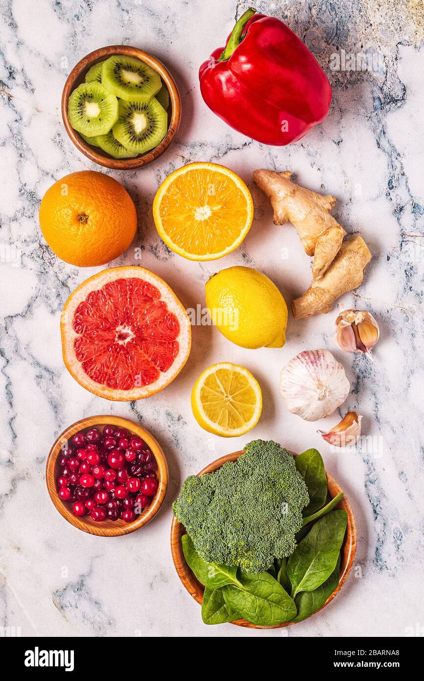 Aliments qui stimulent le système immunitaire, vue de dessus. Banque D'Images