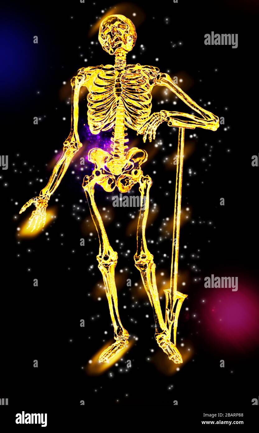 Image rehaussée numériquement d'un squelette avant plein corps masculin imprimé sur bois à l'ouverture du livre d'anatomie humaine 'Notomie di Titiano' imprimé dans ITA Banque D'Images