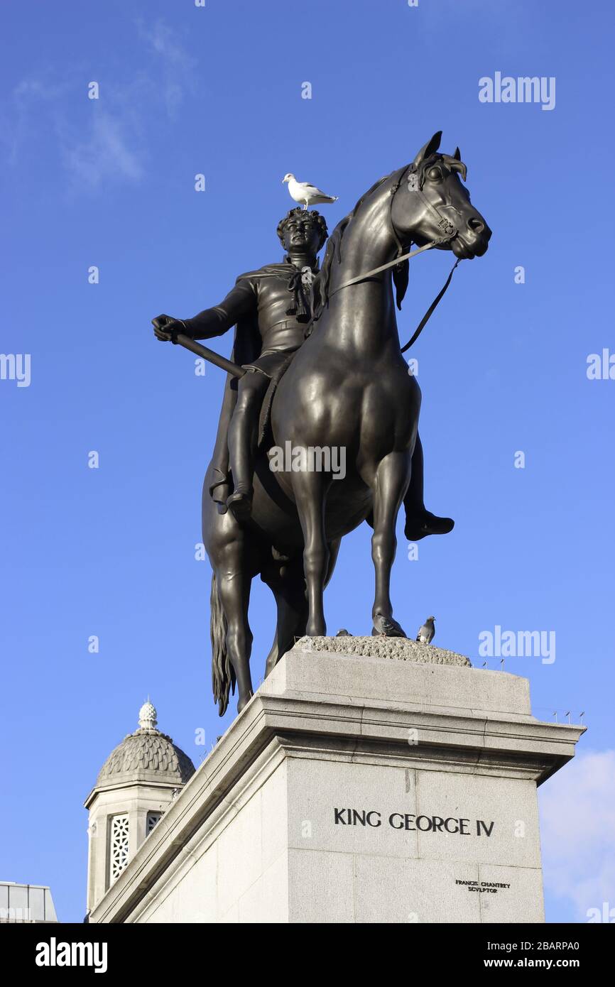Statue du roi George IV à Trafalgar Square Londres avec un pigeon blanc assis sur sa tête Banque D'Images