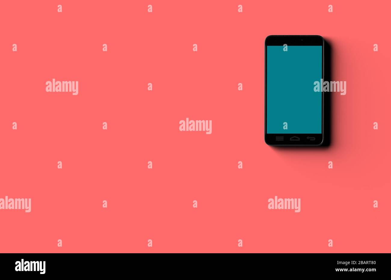 Vue supérieure réaliste du smartphone isolée sur fond rouge indien et écran bleu profond Banque D'Images