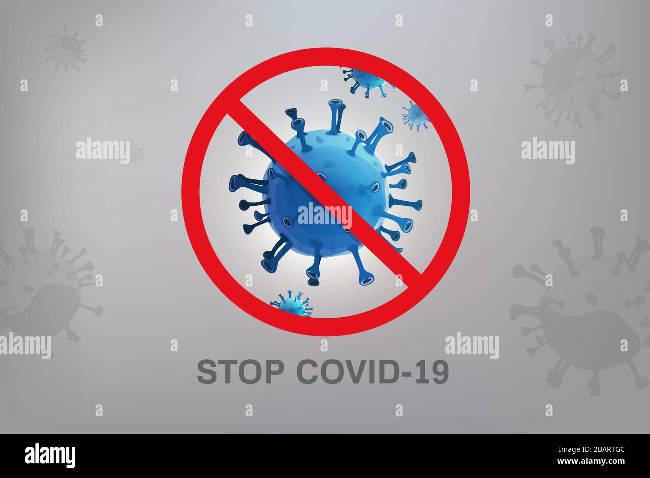 Arrêter le signe COVID-19 avec des particules de virus sur fond gris Illustration de Vecteur