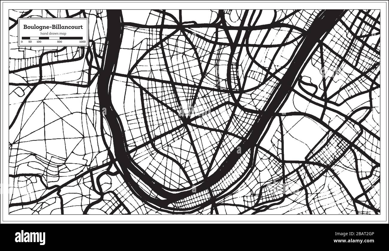 Boulogne-Billancourt France carte de la ville en noir et blanc en style rétro. Carte des contours. Illustration vectorielle. Illustration de Vecteur