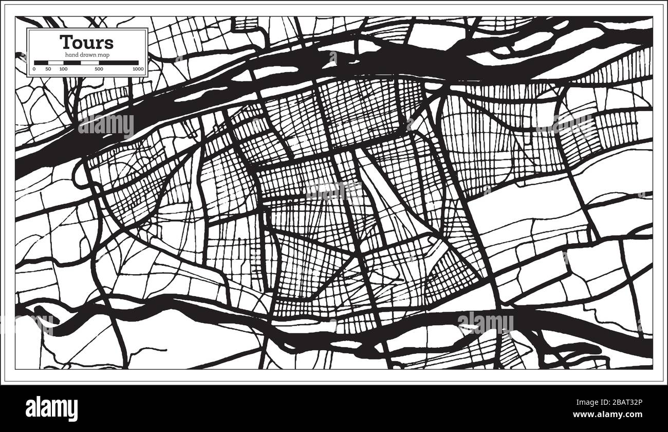 Tours France carte de la ville en couleur noire et blanche en style rétro. Carte des contours. Illustration vectorielle. Illustration de Vecteur