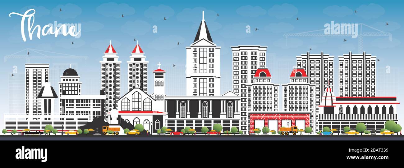 Thane India City Skyline avec Gray Buildings et Blue Sky. Illustration vectorielle. Concept de voyages d'affaires et de tourisme. Illustration de Vecteur