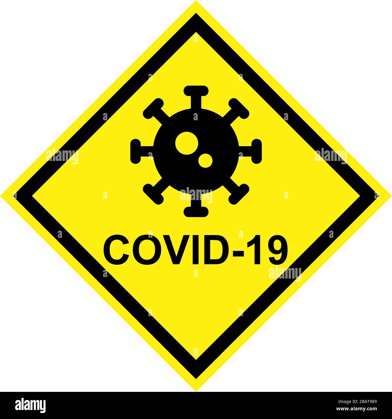 Signe de danger jaune avec symbole de virus et texte COVID-19 Banque D'Images
