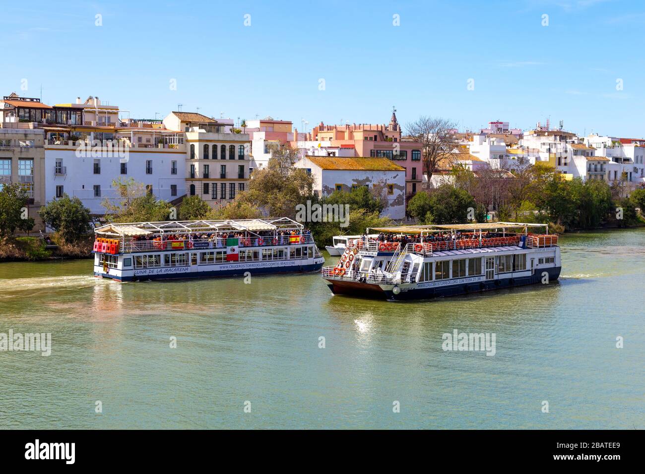 Croisière touristique sur le fleuve Guadalquivir, Séville, Andalousie, Espagne Banque D'Images