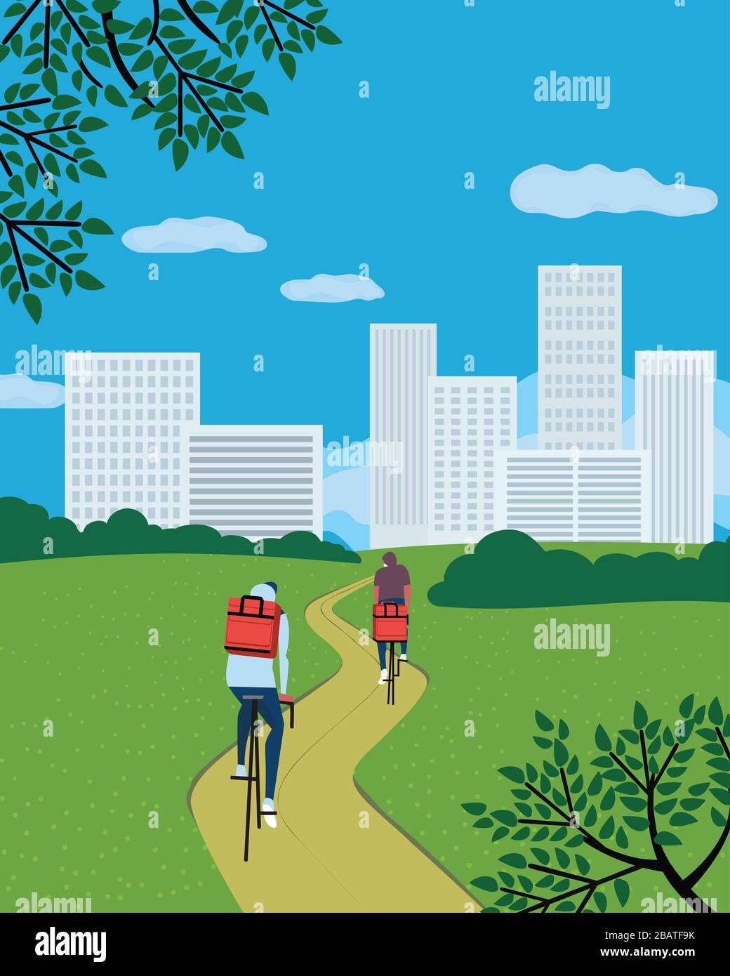 Deliverymen à vélo dans un vecteur de parc urbain vide Illustration de Vecteur