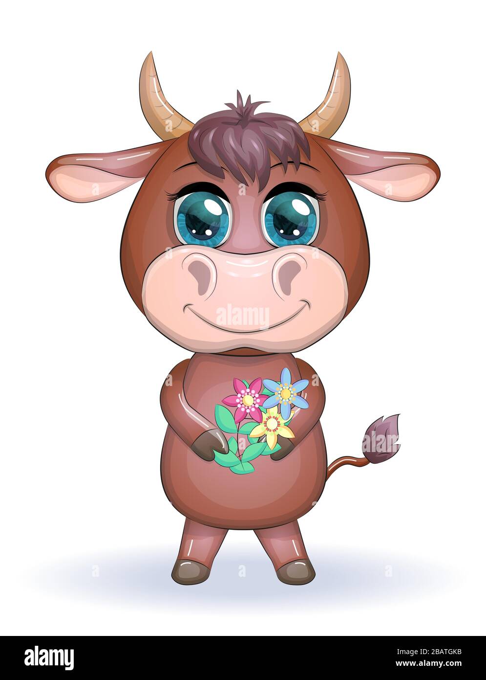 Joli Taureau De Dessin Anime Avec De Beaux Yeux Bleus Avec Un Bouquet De Fleurs Illustration Pour Enfants Image Vectorielle Stock Alamy