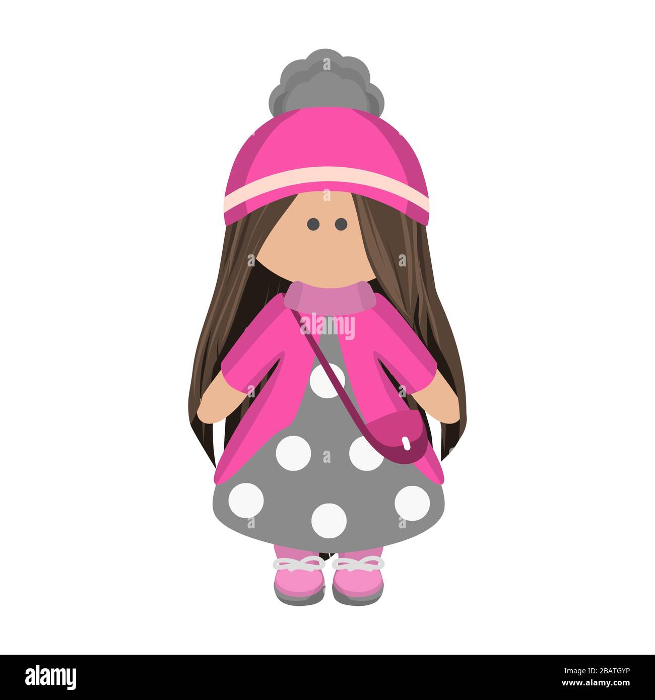 Jolie poupée fille avec cheveux longs brunette dans un chapeau rose tricoté et un sac à main en robe grise à pois. Poupée de personnage de dessin animé pour enfants Illustration de Vecteur