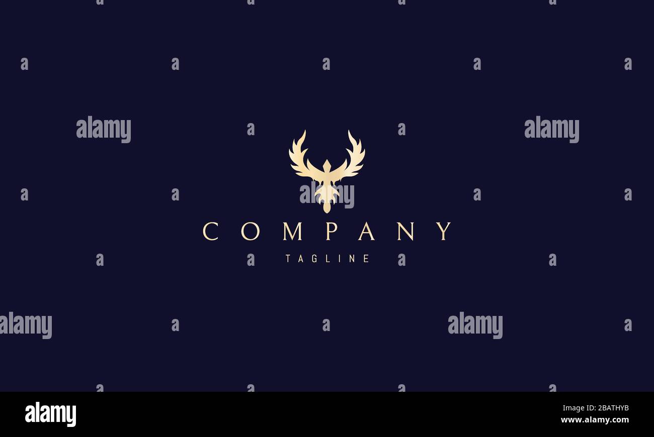 Logo vectoriel doré sur lequel une image abstraite d'un oiseau de phoenix avec ailes levées. Illustration de Vecteur