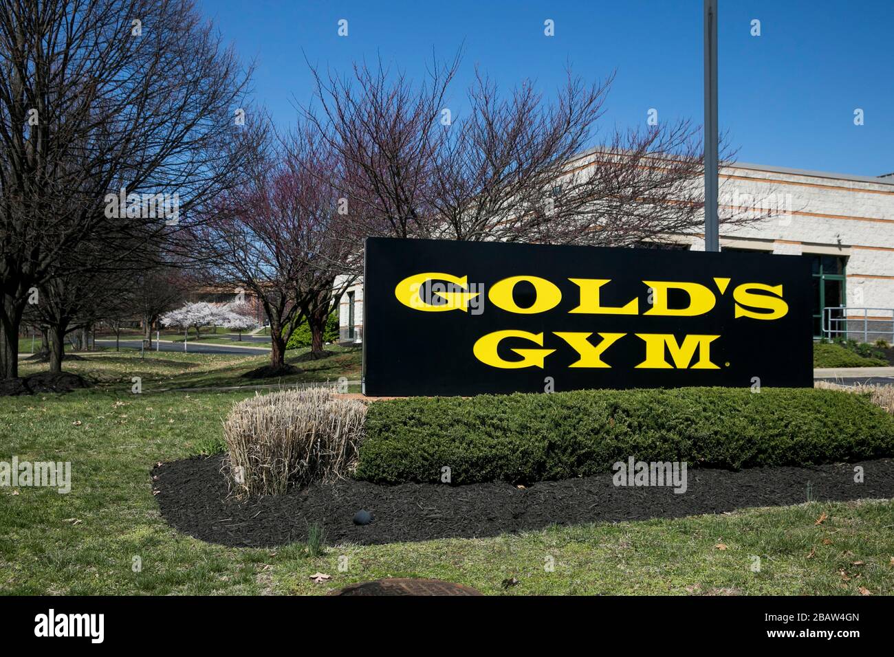 Un logo à l'extérieur d'une salle de gym Gold à Frederick, Maryland, le 26 mars 2020. Banque D'Images