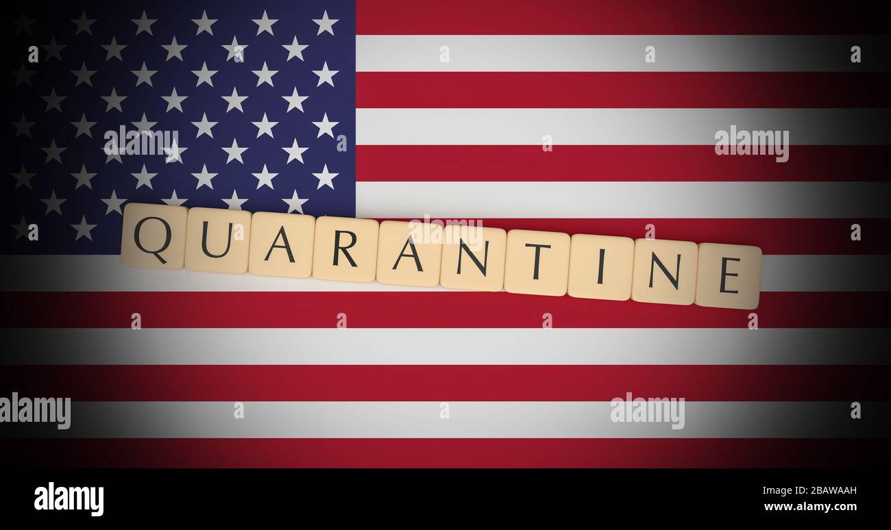 United States News concept : lettres Tiles quarantaine sur drapeau américain, illustration tridimensionnelle Banque D'Images