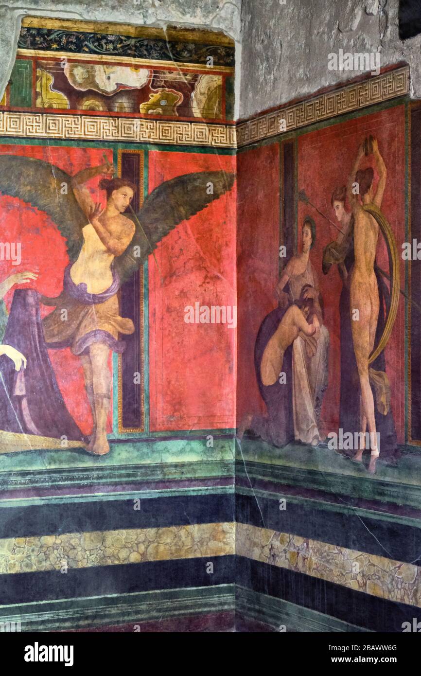 Fresque romaine antique à Pompéi montrant un détail du culte mystère de Dionysus Banque D'Images