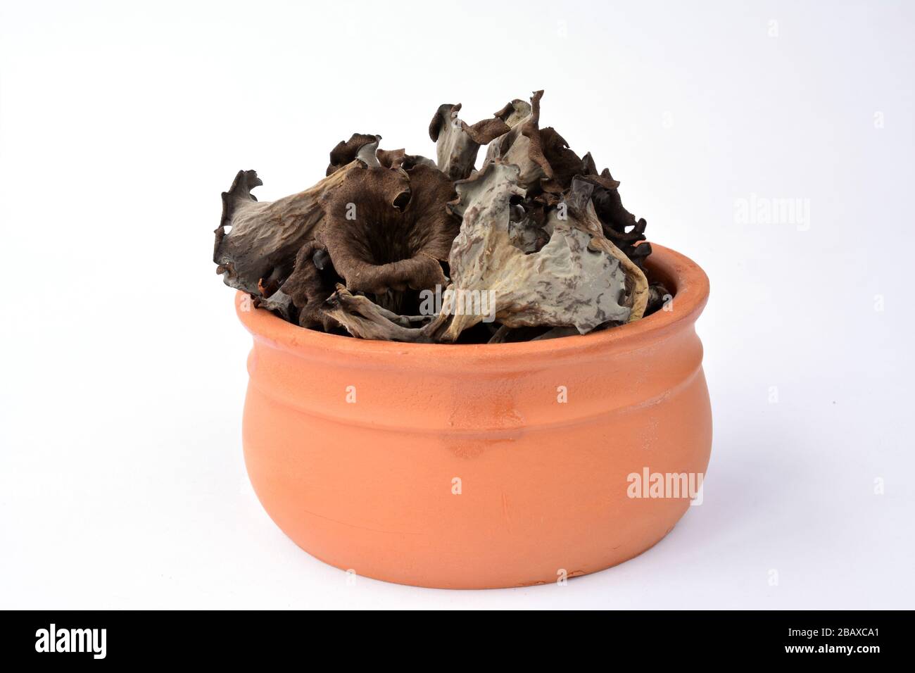 Craterellus cornucopioides séchés ou corne de beaucoup de mussoms dans un bol en argile isolé sur fond blanc Banque D'Images