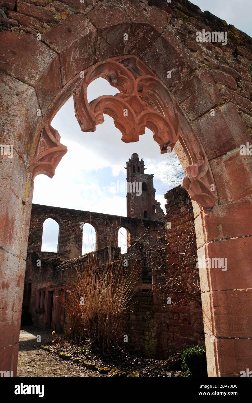 L'abbaye de Limbourg (Klosterruine Limbourg) est une abbaye en ruines près de Bad Dürkheim, à la lisière de la forêt du Palatinat en Allemagne. Vue par une fenêtre gothique. Banque D'Images