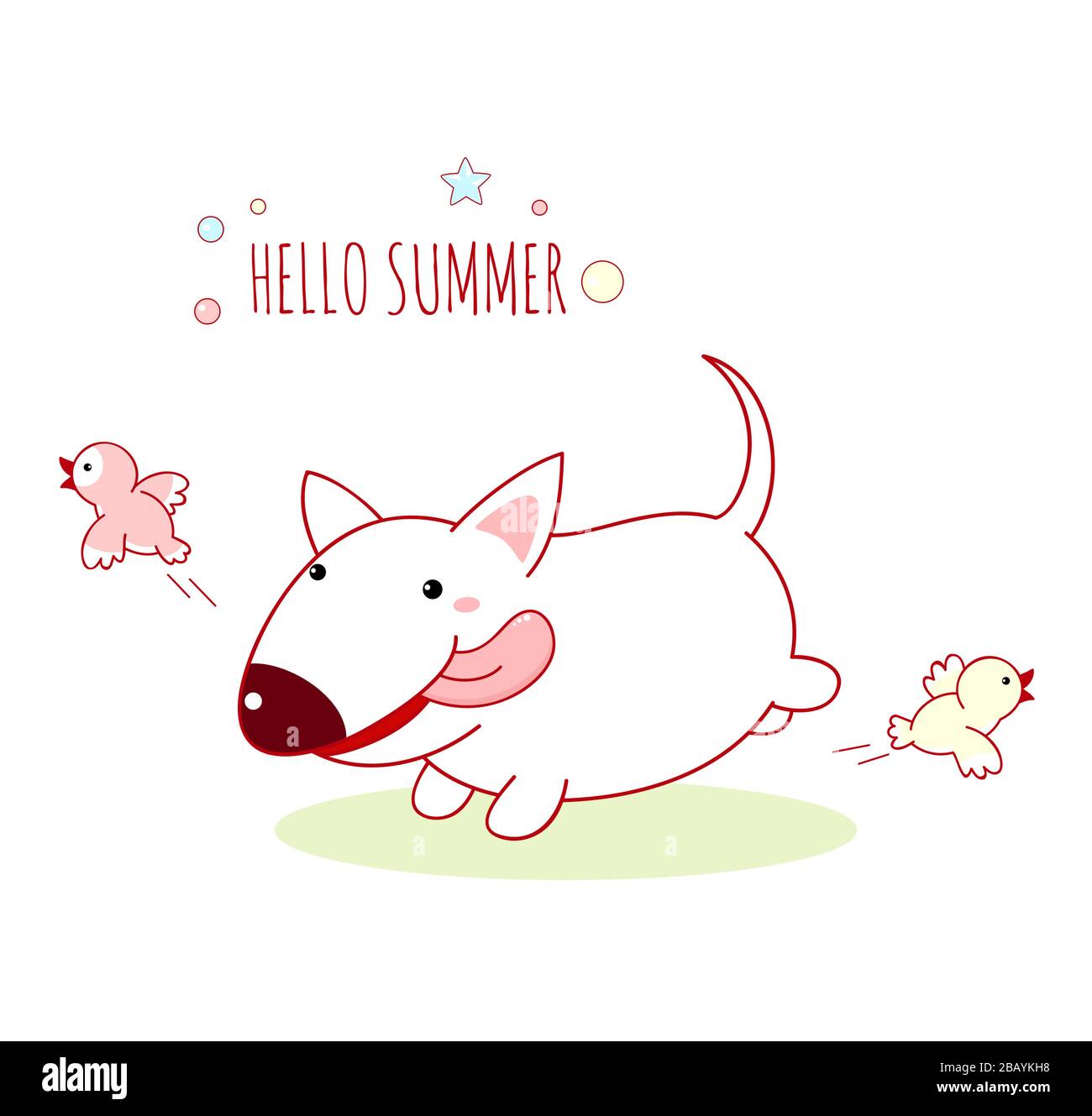 Bonjour l'été. Un joli chien blanc à la graisse est à la tête des oiseaux. Chiot Bull terrier de style kawaii. Isolé sur fond blanc. Illustration du vecteur EPS8 Illustration de Vecteur