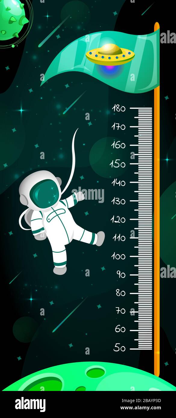 Tableau des hauteurs d'espace pour enfant. Appareil de mesure de mur cosmique avec astronaute volant et planètes de fantaisie. Modèle vectoriel. Illustration de Vecteur