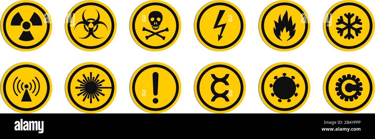 Signes circulaires d'avertissement de danger. Panneaux ronds avec symboles de danger variés Illustration de Vecteur