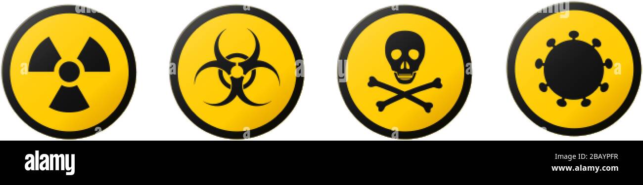 Signes circulaires d'avertissement du danger : rayonnements ionisants, risques biologiques, coronavirus, poison. Illustration de Vecteur