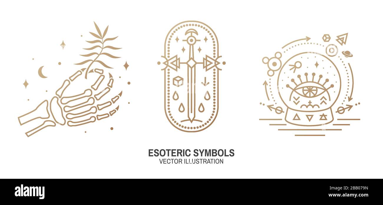 Symboles ésotériques. Vecteur. Écusson géométrique à fines lignes. Icône de contour pour l'alchimie ou la géométrie sacrée. Design mystique et magique avec main osseuse de squelette humain, vieille épée et boule de verre et oeil tout-voyant Illustration de Vecteur Symboles ésotériques. Vecteur. Écusson géométrique à fines lignes. Icône de contour pour l'alchimie ou la géométrie sacrée. Design mystique et magique avec main osseuse de squelette humain, vieille épée et boule de verre et oeil tout-voyant Illustration de Vecteur