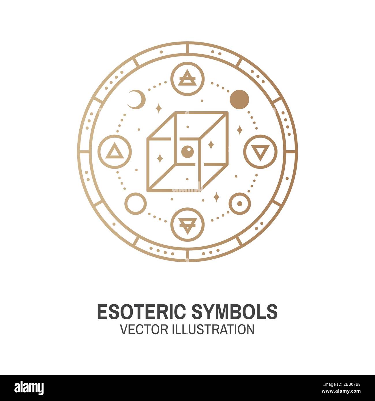 Symboles ésotériques. Vecteur. Écusson géométrique à fines lignes. Icône de contour pour l'alchimie ou la géométrie sacrée. Design mystique et magique de tatouage de géométrie sacrée avec cube géométrique irréel, lune, soleil, planètes Illustration de Vecteur