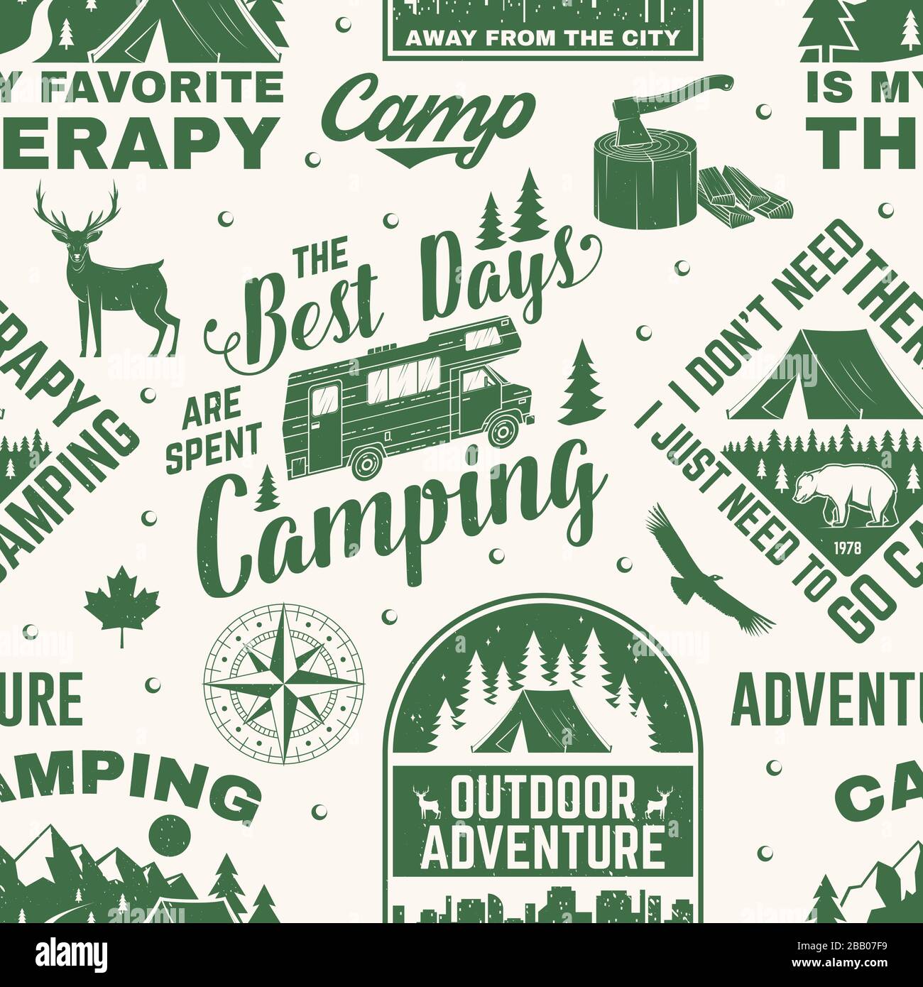 Ensemble d'aventures en plein air sans couture, arrière-plan. Vecteur. Modèle de camping sans couture avec bottes de randonnée, tente de camping, compas, hache, montagnes, ours, cerf, silhouette de forêt. Texture Camping Illustration de Vecteur