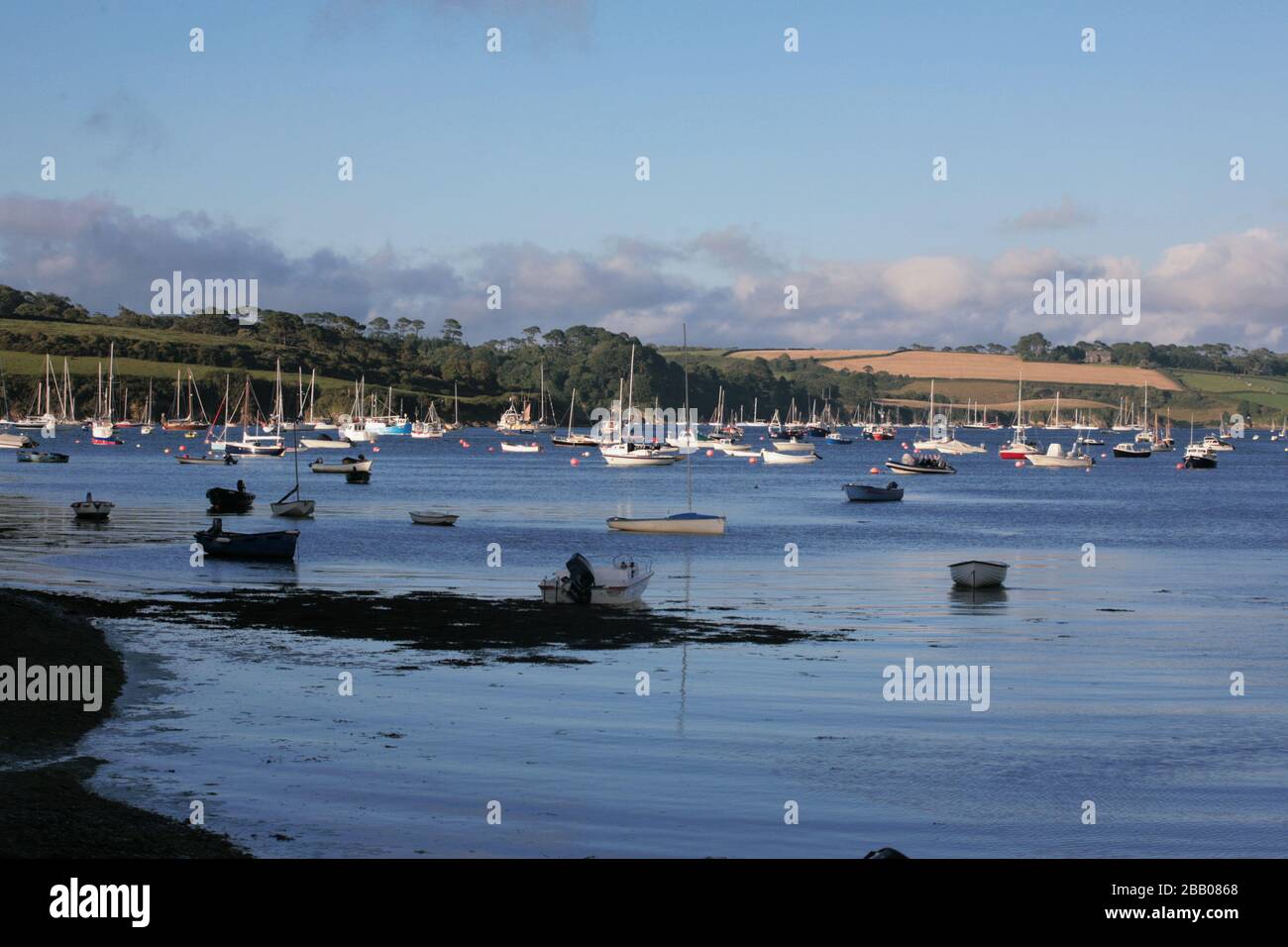 La rivière Helford depuis Helford Village en regardant les amarres jusqu'à Durgan : Cornwall, Angleterre, Royaume-Uni Banque D'Images