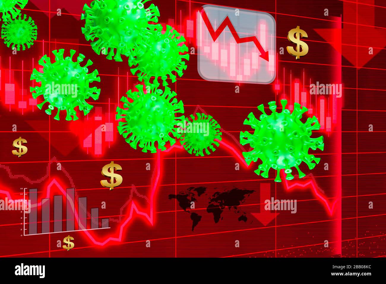 Illustration tridimensionnelle du Covid-19 ou du coronavirus avec un graphique économique décroissant du marché mondial avec un fond rouge Banque D'Images