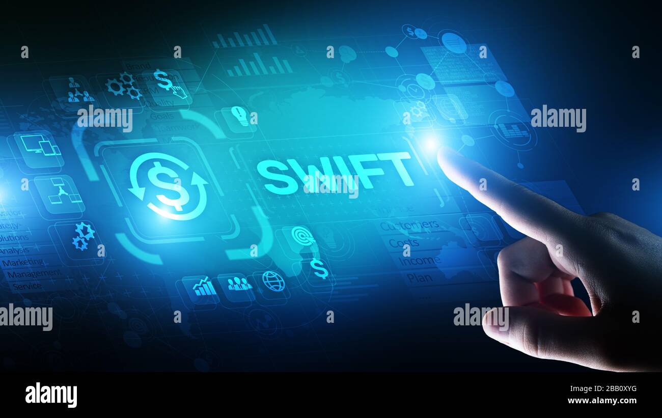 Système international de paiement rapide de la technologie financière et bancaire concept de transfert d'argent sur un écran virtuel Banque D'Images