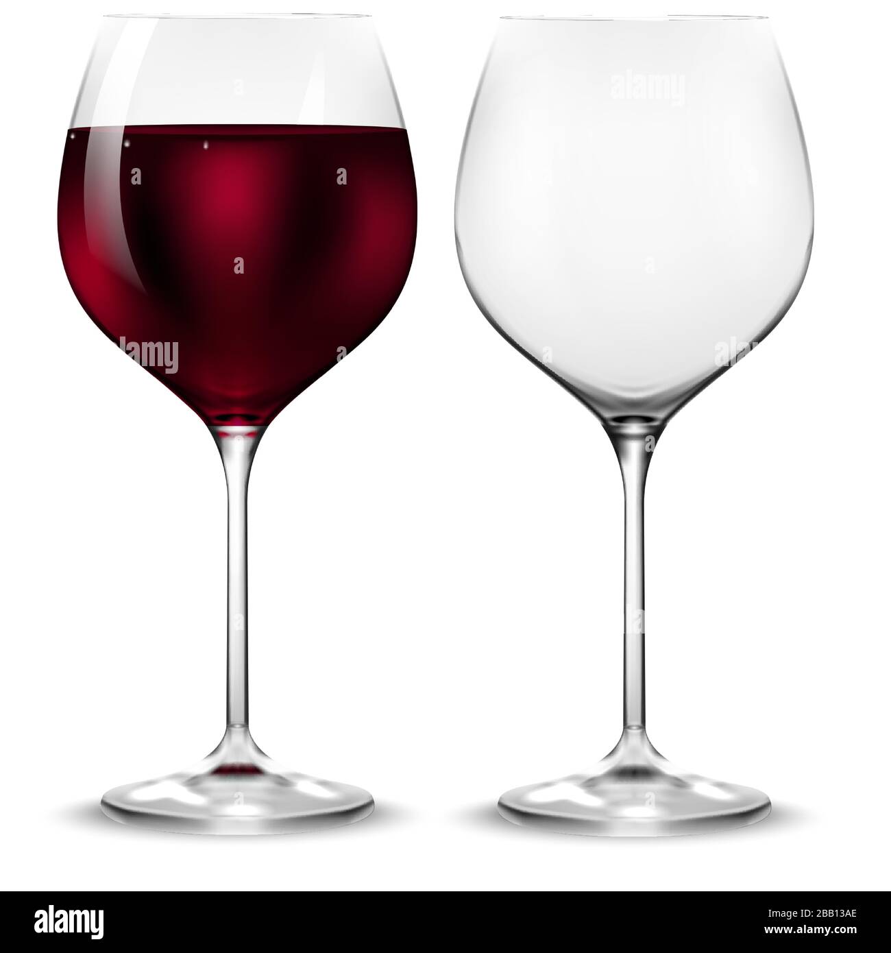Vide et la pleine transparence du verre de vin. Vector verres à vin. Le réalisme de la 3d, vector icône. Illustration de Vecteur