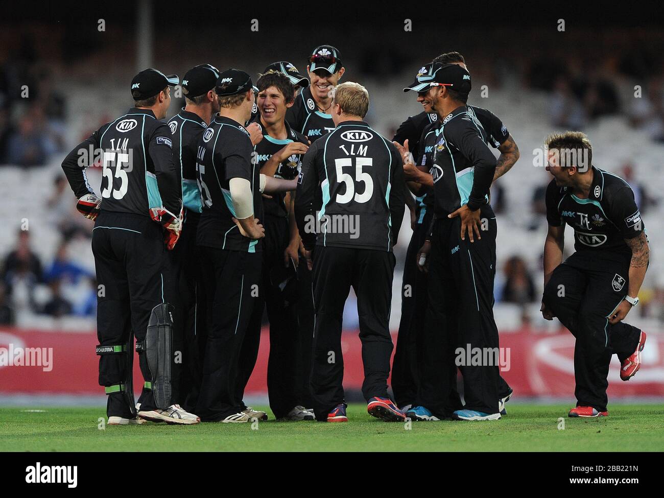 Zafar Ansari (en plein centre) de Surrey célèbre avec ses coéquipiers après avoir pris la capture de Ben Wright de Glamourgan. Banque D'Images