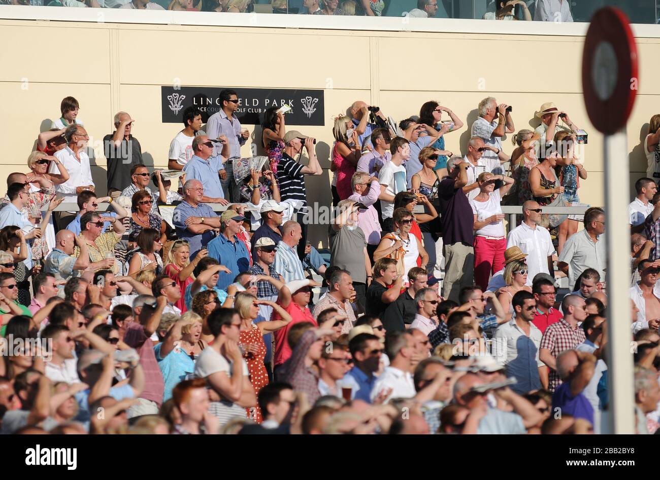 Une foule pleine de monde au parc de Lingfield profitant du soleil. Banque D'Images