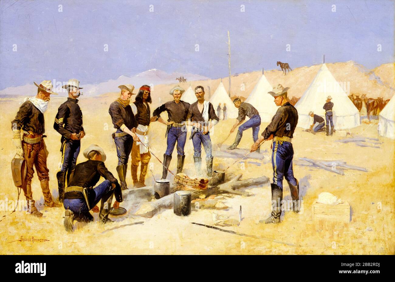 Rôtir le bœuf de Noël, dans un camp de Cavalry, peinture de Frédéric Remington, vers 1892 Banque D'Images