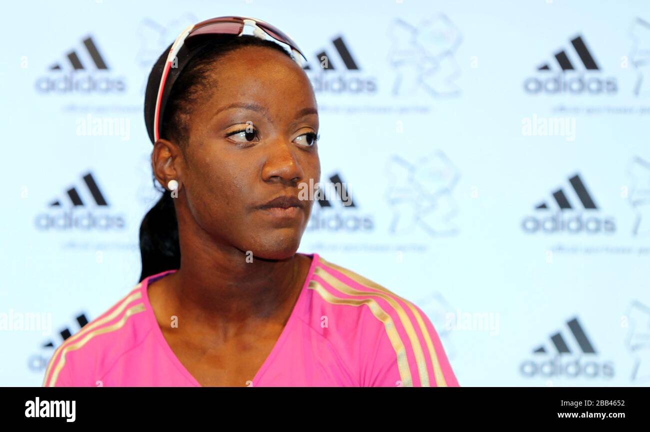 Trinidad-et-Tobago sprinter Kelly-Anne Baptiste lors d'une conférence de presse au magasin Adidas de Westfield Stratford City, Londres. Banque D'Images