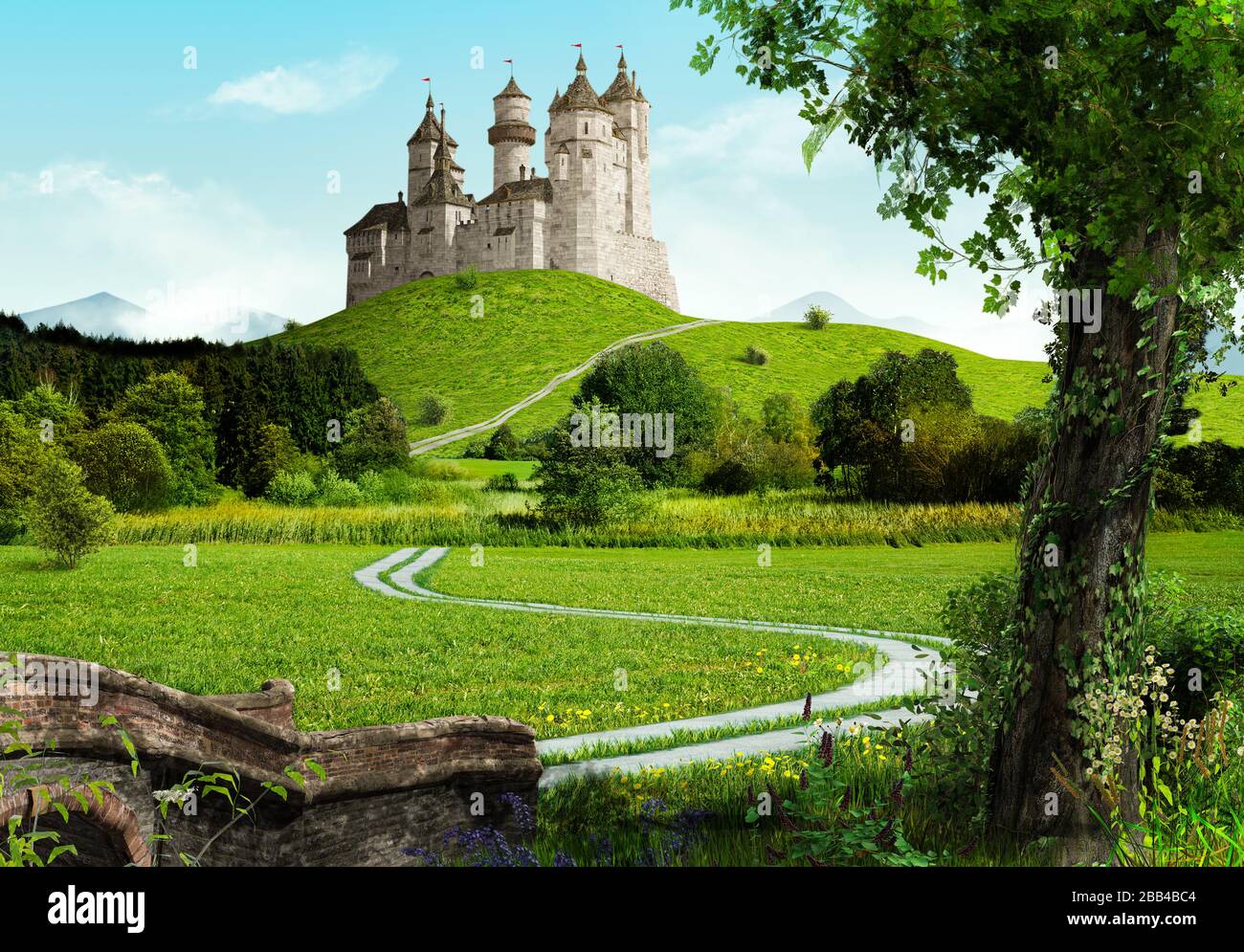 Enchanteur vieux château de conte de fées sur un sommet d'une colline, dans un paysage idyllique, rendu tridimensionnel. Banque D'Images