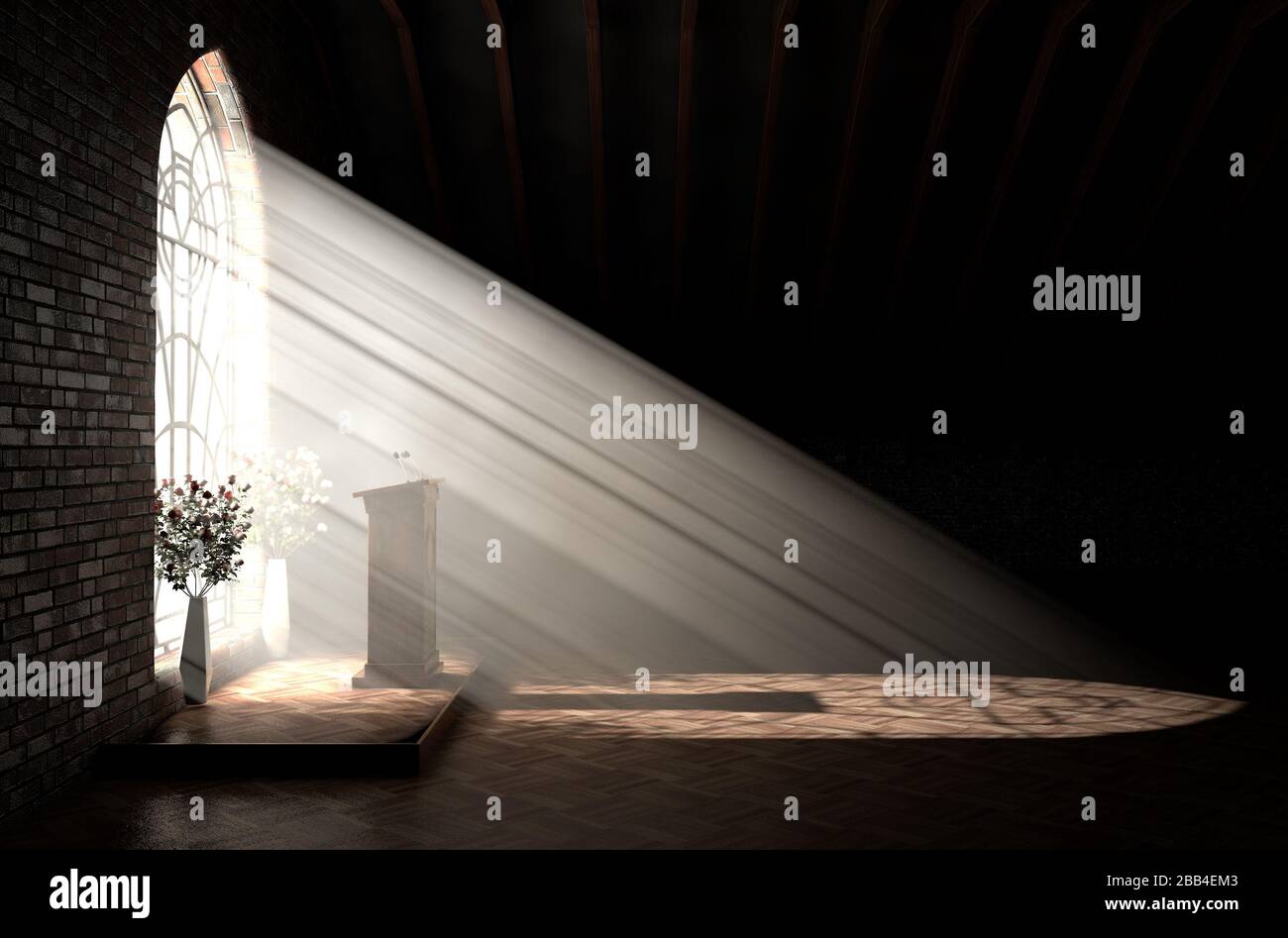 Intérieur d'une église sombre éclairé par des rayons du soleil pénétrant dans une fenêtre en verre dans le motif d'un crucifix brillant sur une chaire de parole - rendu tridimensionnel Banque D'Images