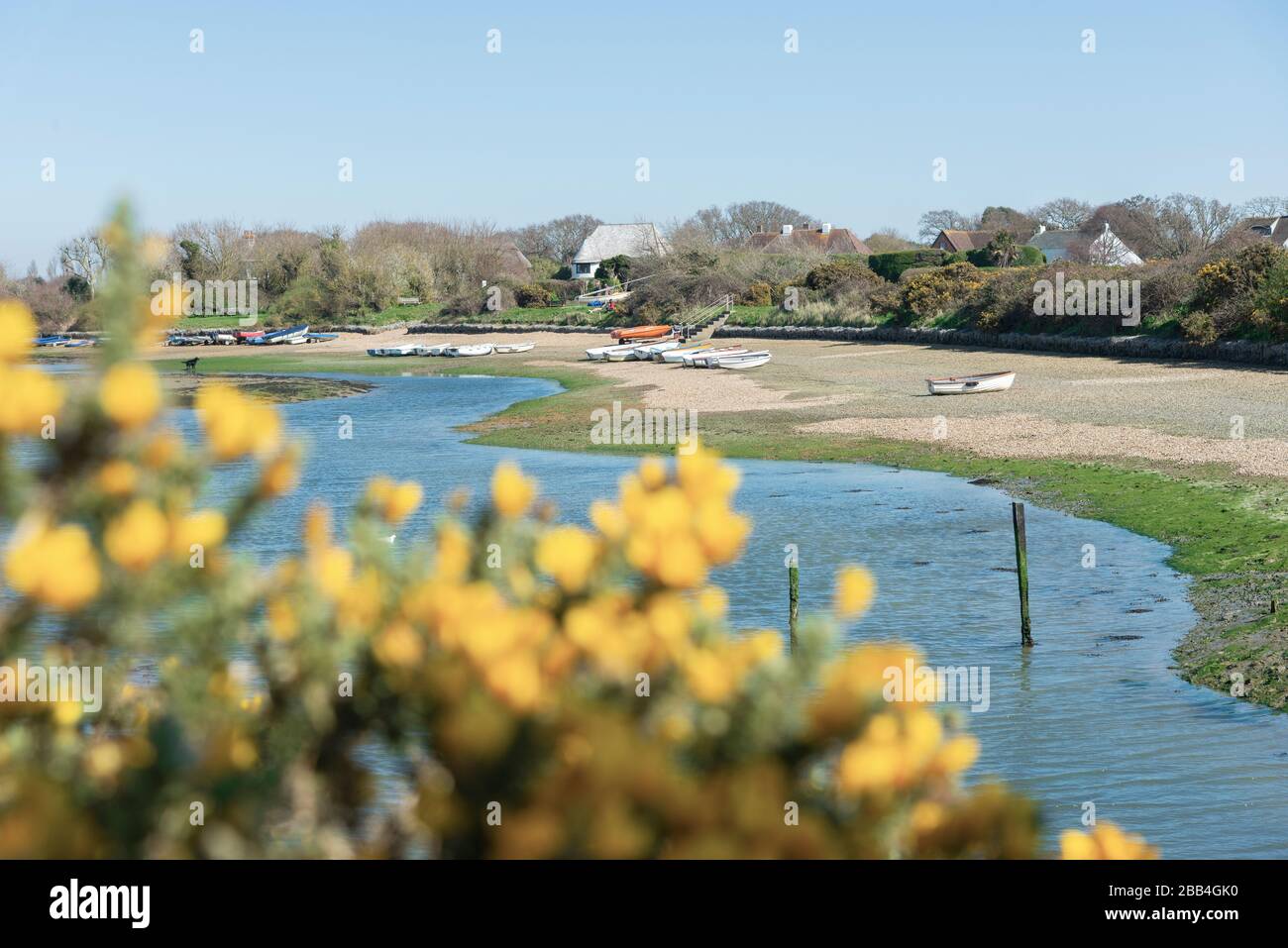 Snowhill Creek à mi-marée devant les maisons de front de mer désirables sur Roman Landing, West Wittering, Chichester, West Sussex, Angleterre, Royaume-Uni Banque D'Images