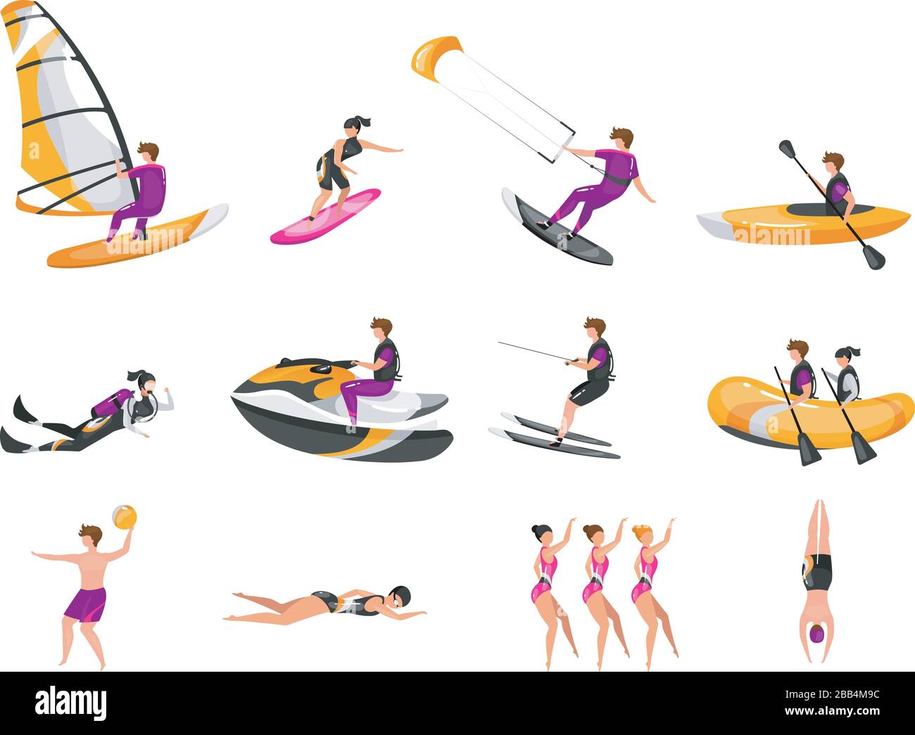 Jeu d'illustrations vectorielles plates pour sports d'eau extrême Illustration de Vecteur