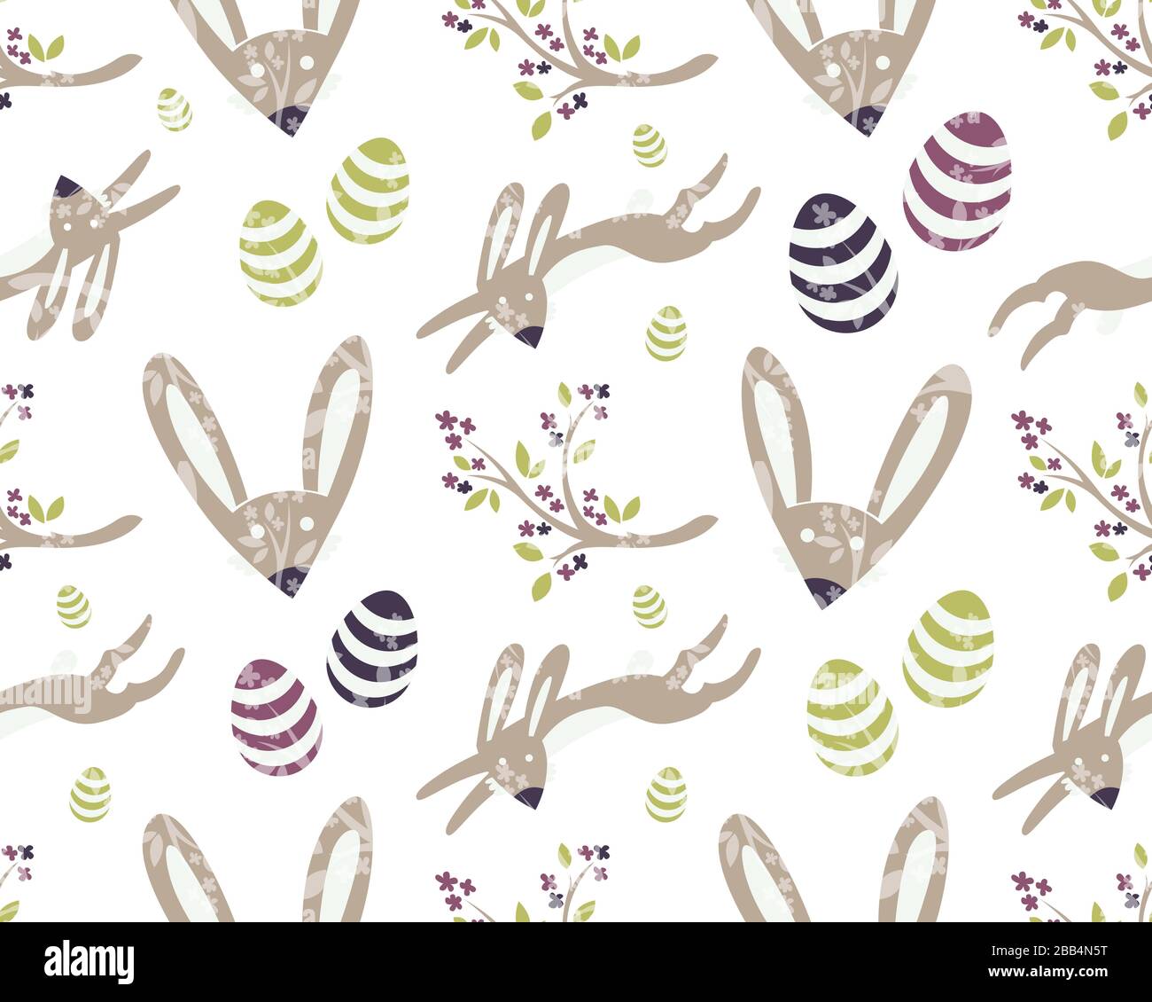 Fond vectoriel sans couture pour Pâques. Motif avec lapin de Pâques, brindilles et eastereggs fleuris. Illustration de Vecteur