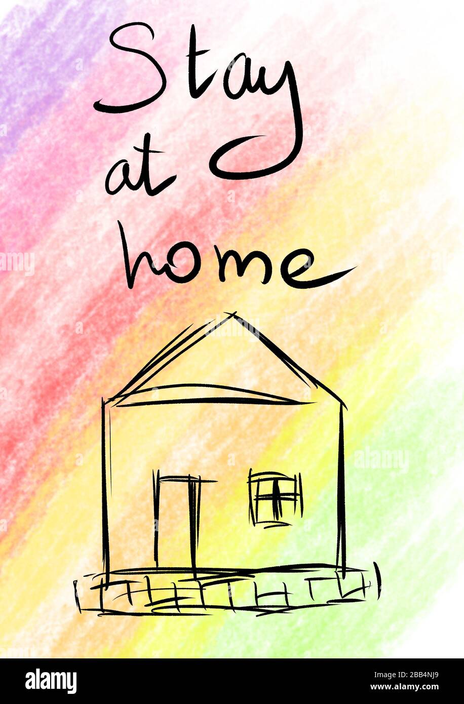 Restez à la maison. Dessin à main levée. Arrière-plan coloré. Maison et lettrage. Banque D'Images