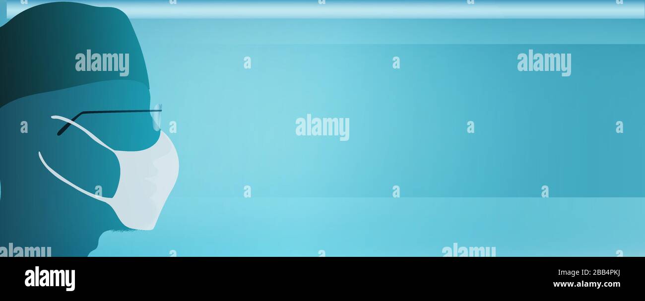 Portrait silhouette médecin ou infirmière en profil se protégeant avec un masque médical contre le coronavirus. Bannière. Personnel médical et infirmier Panorama. Illustration de Vecteur