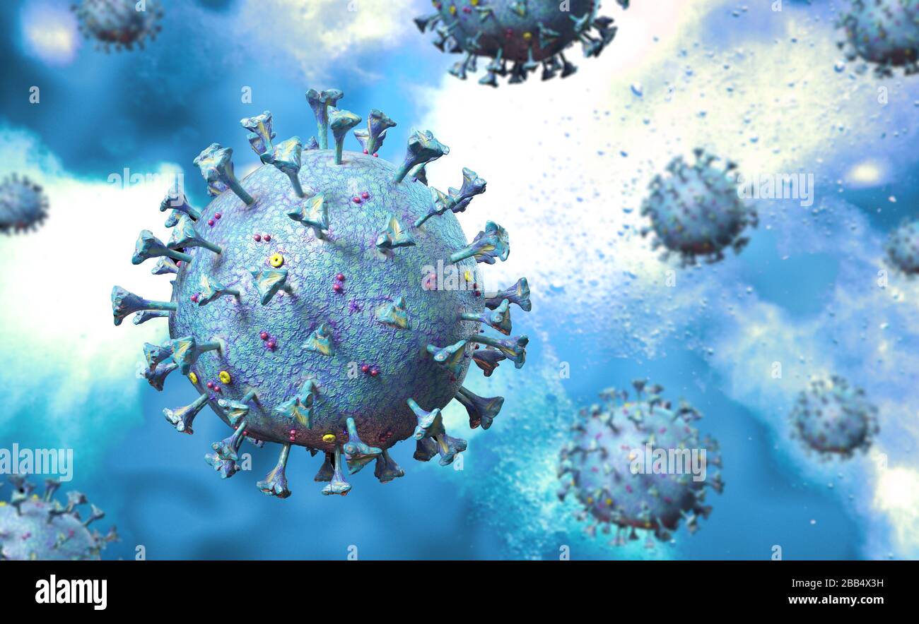 Scène du virus Corona avec structure détaillée. Sujets bleus sur fond bleu. rendu tridimensionnel. Banque D'Images