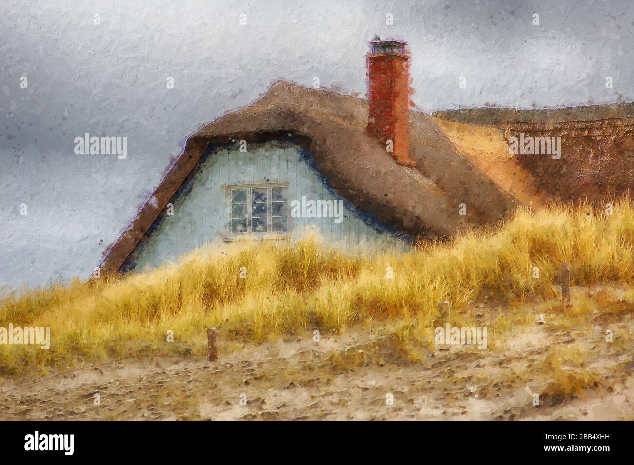 maison de toit reed à la péninsule de darss. peinture à l'huile. Banque D'Images