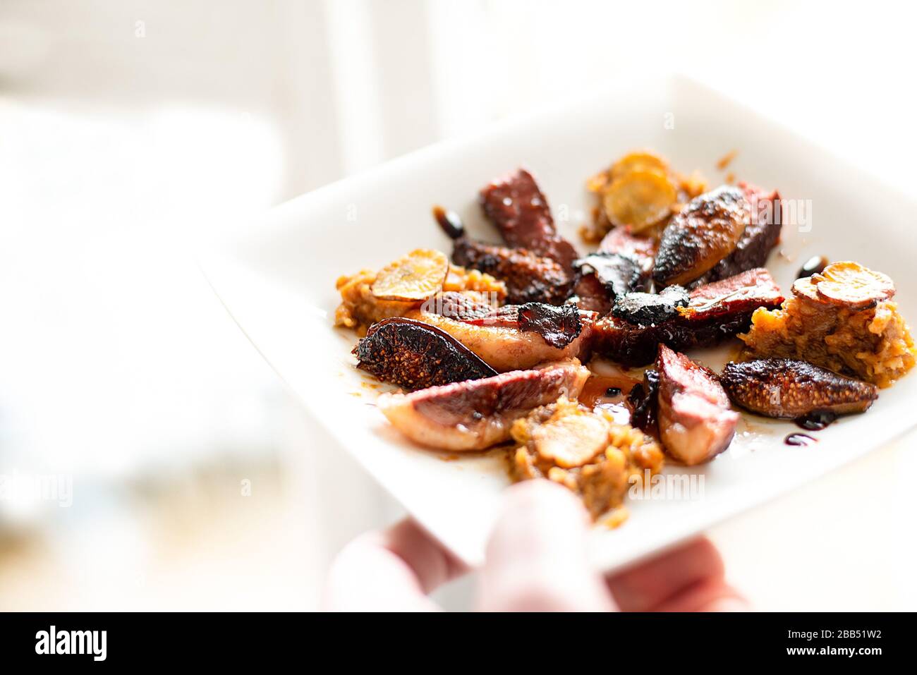 Assiette de plats raffinés bien présentés Duck and Plum. Banque D'Images