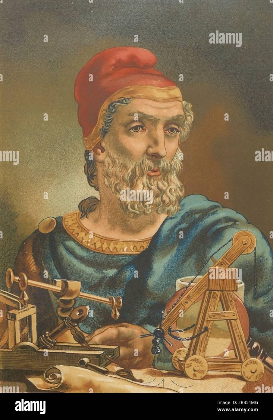 Archimedes de Syracuse [Arquimedes] (c. 287 – c. 212 BC) était un mathématicien grec, physicien, ingénieur, inventeur et astronome. De la ciencia y sus hombres : vidas de los sabios ilustres desde la antigüedad hasta el siglo XIX T. 1 [Science et IT is People Vol 1] de Luis Figuier ; traducción de la tercera edición francesa por Pelegrin Casabó y Pagés ; Ilustrada por Armet, Gomez, Martí y Alsina, Planella, Puiggarí, Serra, imprimé à Barcelone en 1879 Banque D'Images