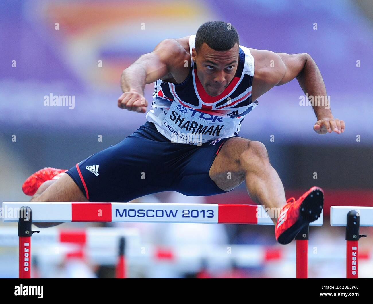 William Sharman de Grande-Bretagne lors de la demi-finale des haies de 110 m pour hommes le troisième jour des Championnats du monde d'athlétisme de l'IAAF 2013 au stade Luzhniki à Moscou, Russie. Banque D'Images