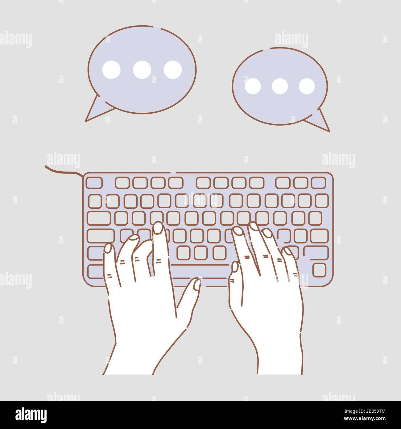 Saisie des mains sur l'illustration de dessin animé vectoriel de clavier  d'ordinateur moderne avec des bulles de parole. Les mains de l'utilisateur,  faire des affaires, rencontres en ligne, chat, web communications contour